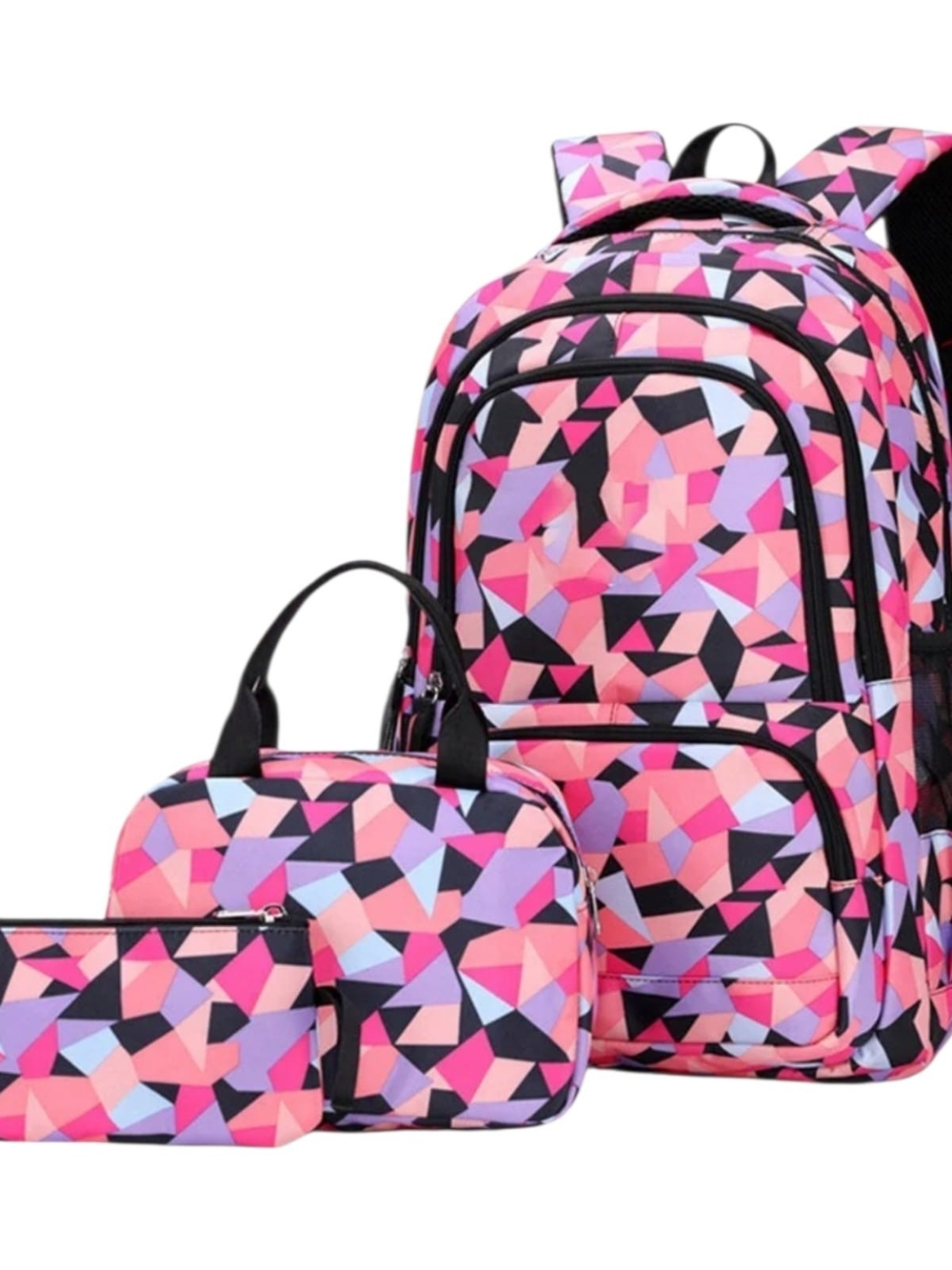 Kids Geometric Pink Backpack Set - School Bag, Lunch Tote & Pencil Case
